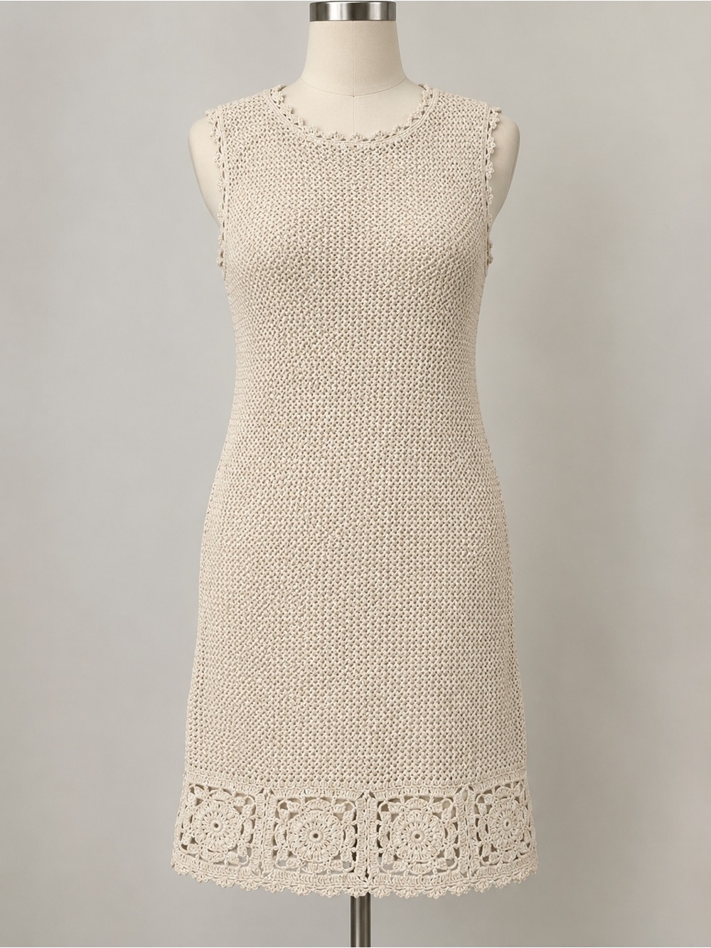 Polagram Cream Crochet-Trim Knit Sleeveless Dress